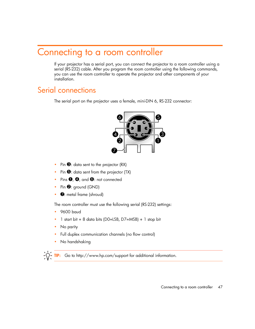 HP xp7000 manual Connecting to a room controller, Serial connections 