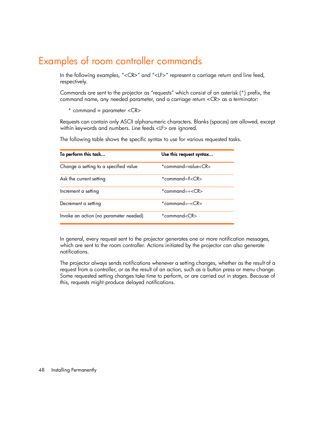 HP xp7000 manual Examples of room controller commands 