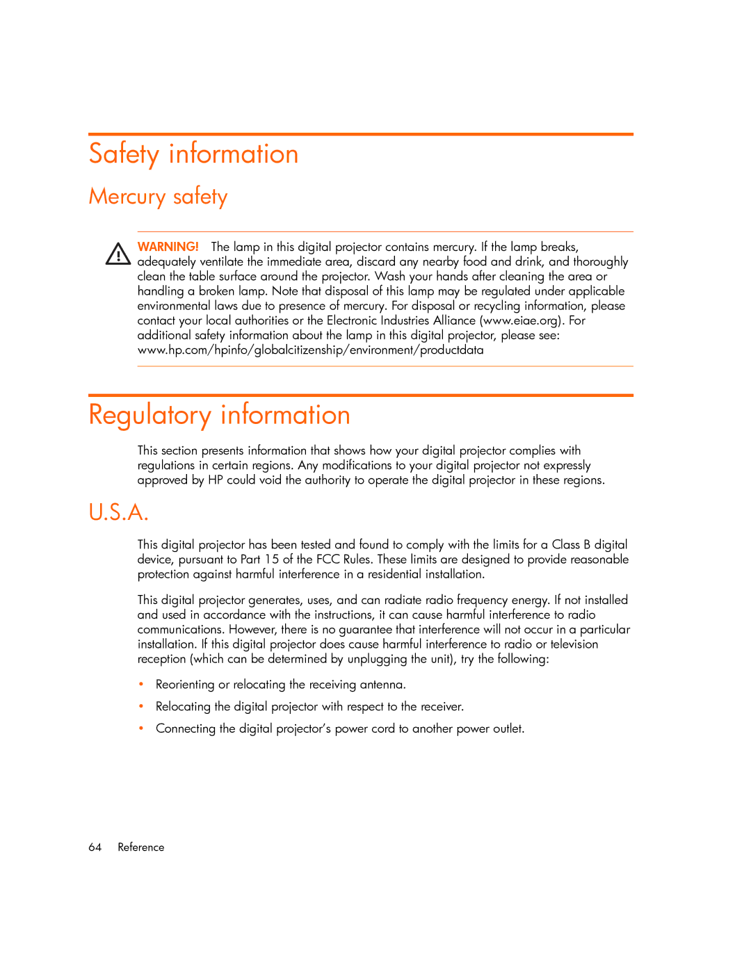 HP xp7000 manual Safety information, Regulatory information, Mercury safety 