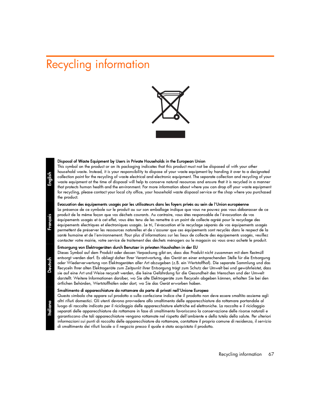 HP xp7000 manual Recycling information, English Français Deutsch Italiano 