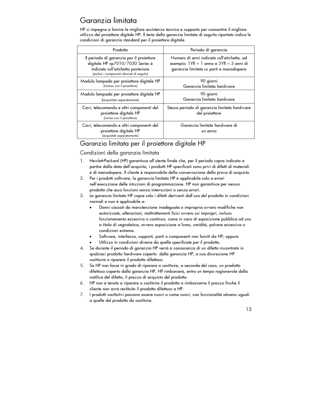 HP xp7000 manual Garanzia limitata per il proiettore digitale HP, Condizioni della garanzia limitata 