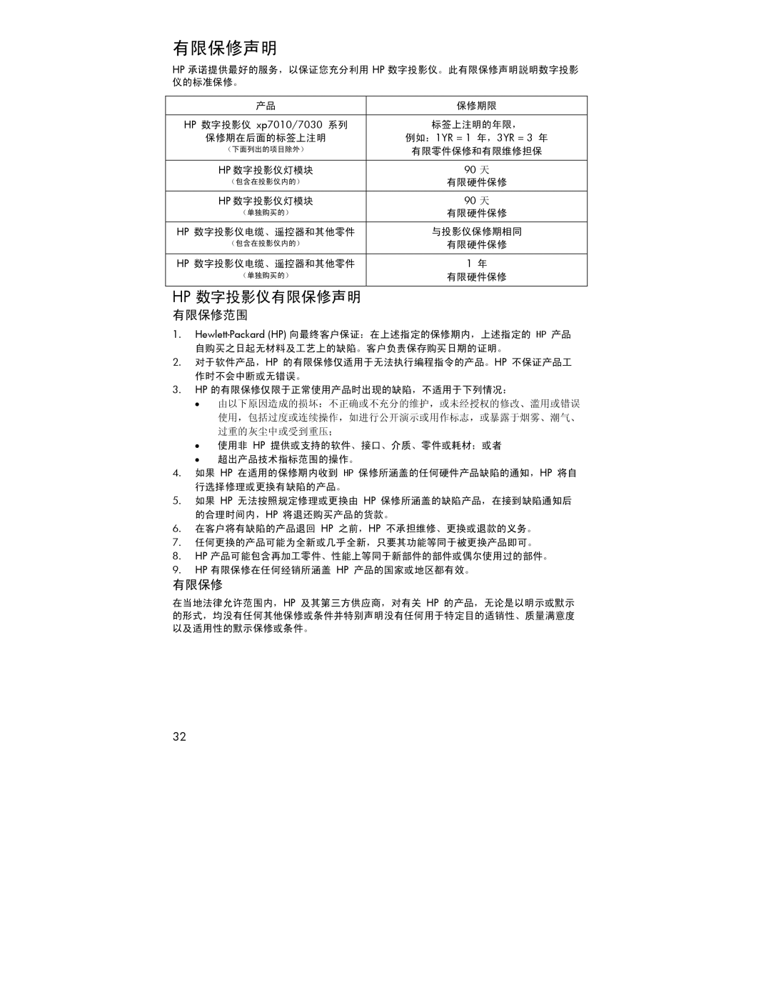 HP xp7000 manual HP 数字投影仪 xp7010/7030 系列, 例如：1YR = 1 年，3YR = 3 年, 90 天 