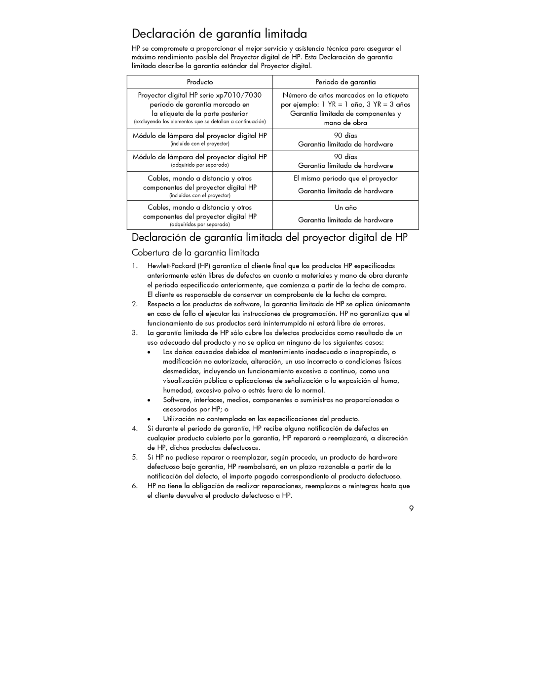 HP xp7000 manual Declaración de garantía limitada, Cobertura de la garantía limitada 