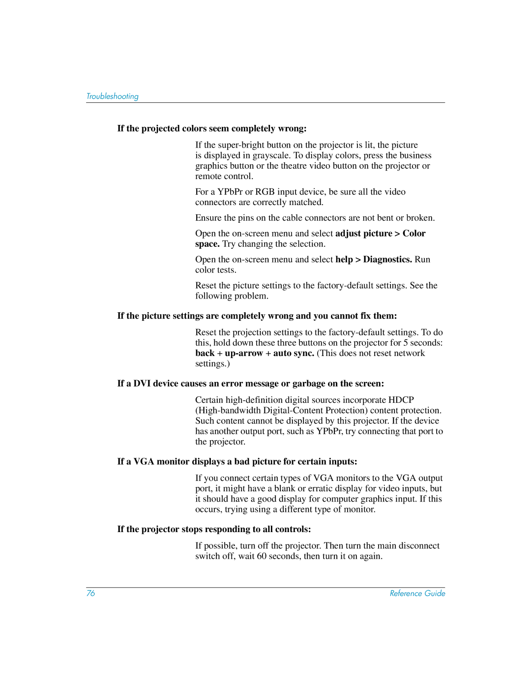 HP xp8020 manual If the projected colors seem completely wrong, If a VGA monitor displays a bad picture for certain inputs 