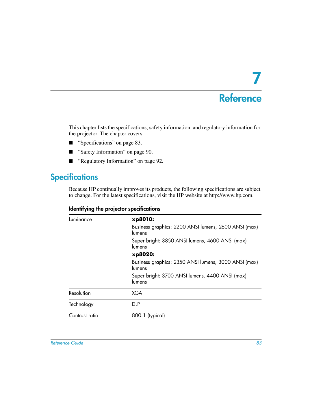 HP xp8010, xp8020 manual Specifications, Identifying the projector specifications 