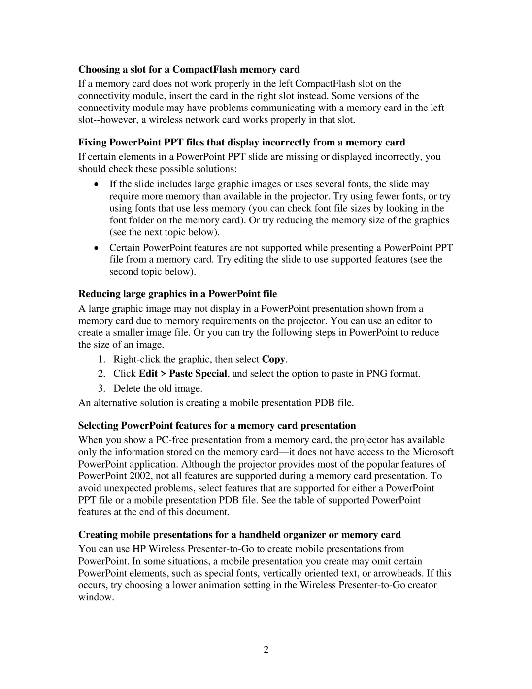 HP xp8020, xp8010 manual Choosing a slot for a CompactFlash memory card, Reducing large graphics in a PowerPoint file 