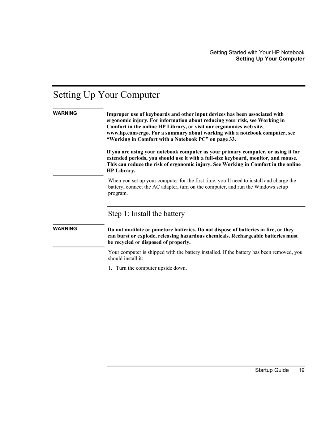 HP XU manual Setting Up Your Computer, Install the battery 