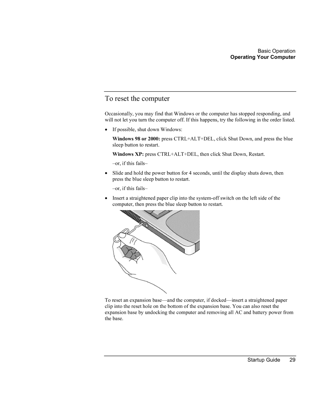 HP XU manual To reset the computer 