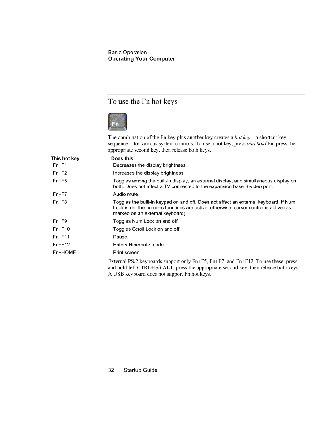 HP XU manual To use the Fn hot keys, Appropriate second key, then release both keys 