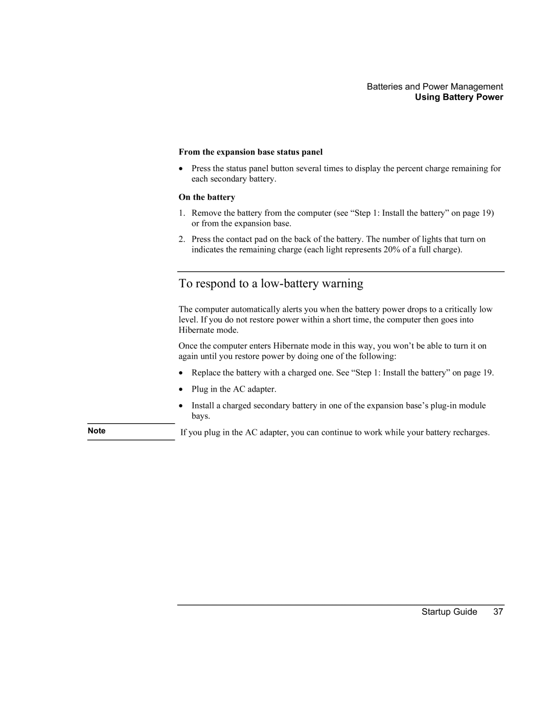 HP XU manual To respond to a low-battery warning 