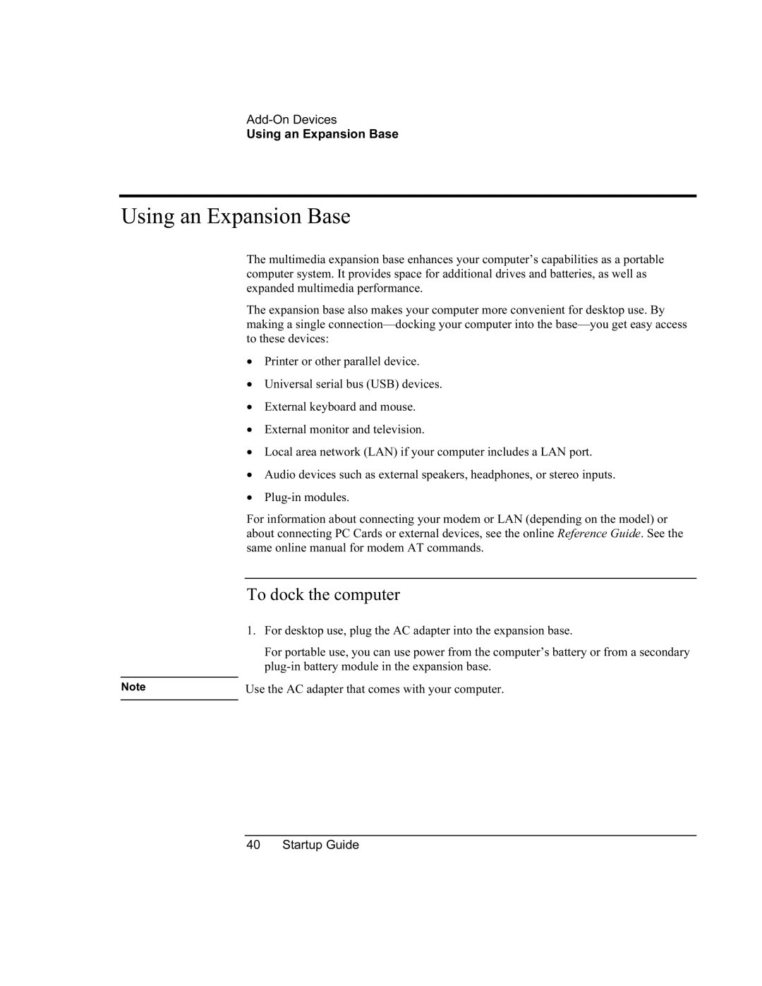 HP XU manual Using an Expansion Base, To dock the computer 