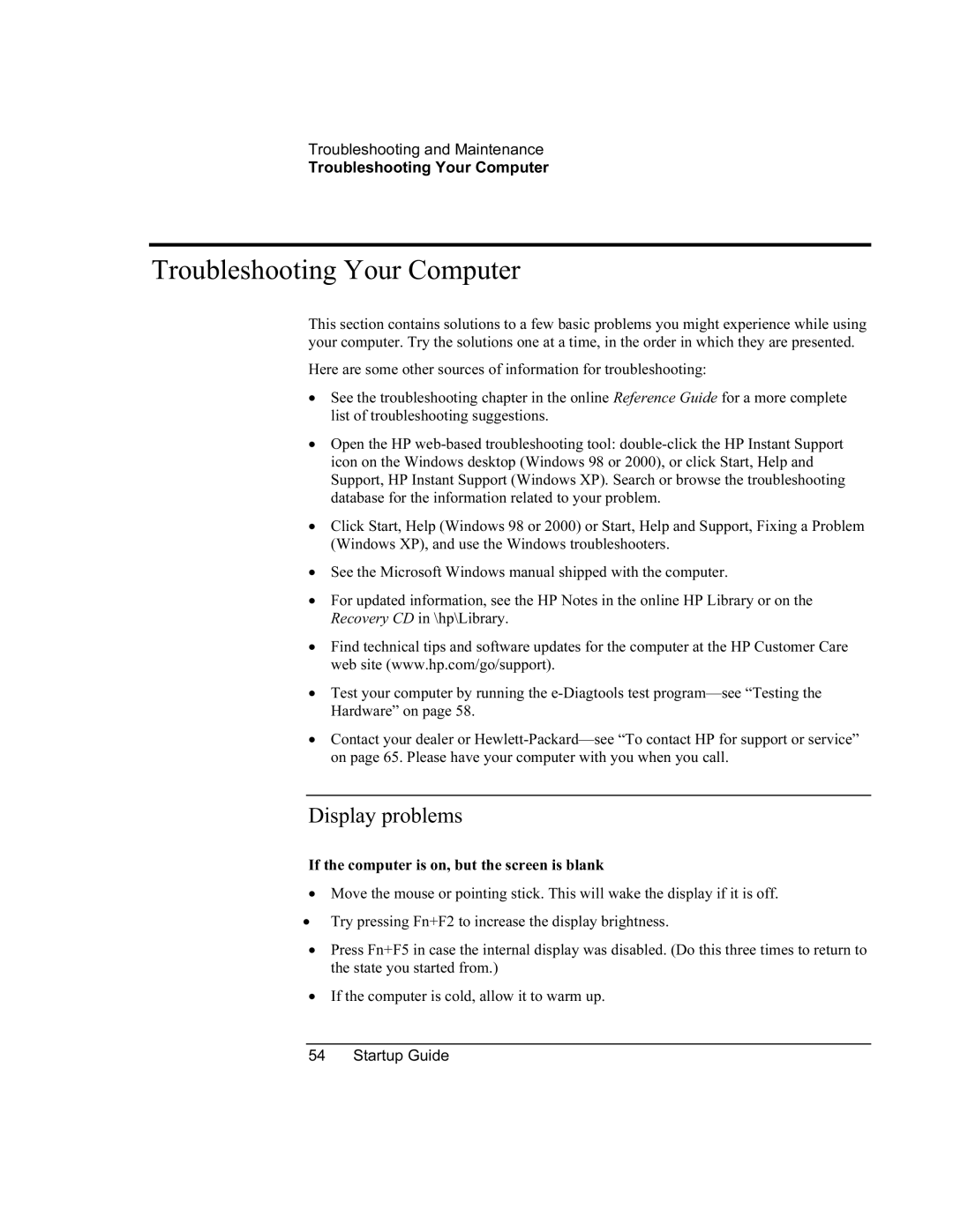 HP XU manual Troubleshooting Your Computer, Display problems 