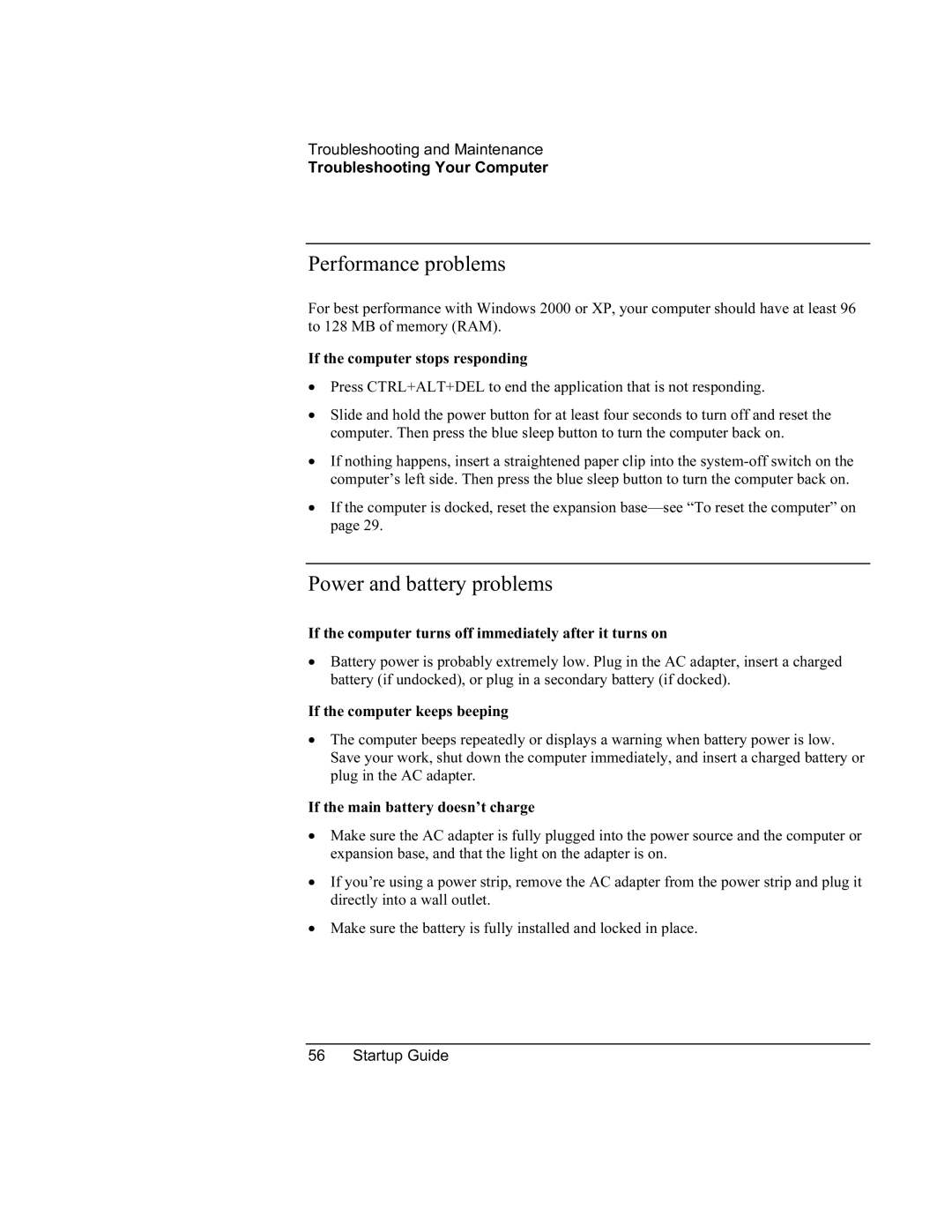 HP XU manual Performance problems, Power and battery problems 