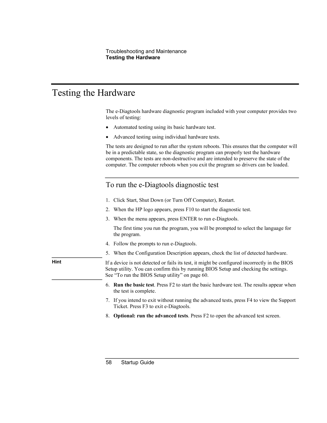 HP XU manual Testing the Hardware, To run the e-Diagtools diagnostic test 