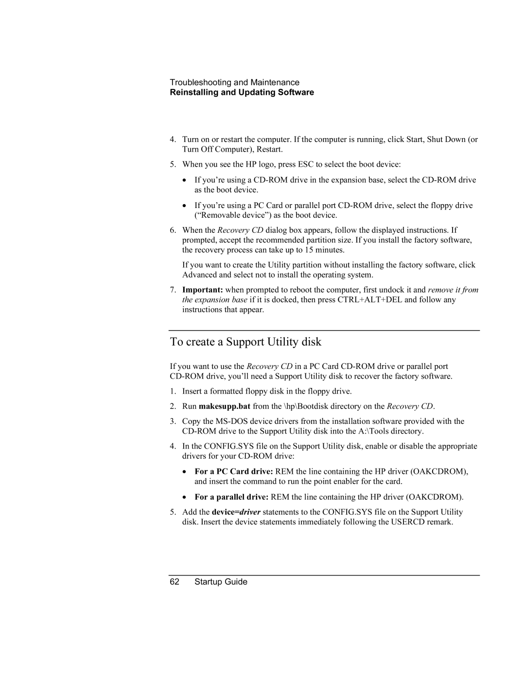 HP XU manual To create a Support Utility disk 