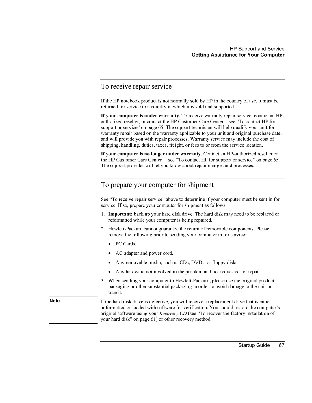 HP XU manual To receive repair service, To prepare your computer for shipment 