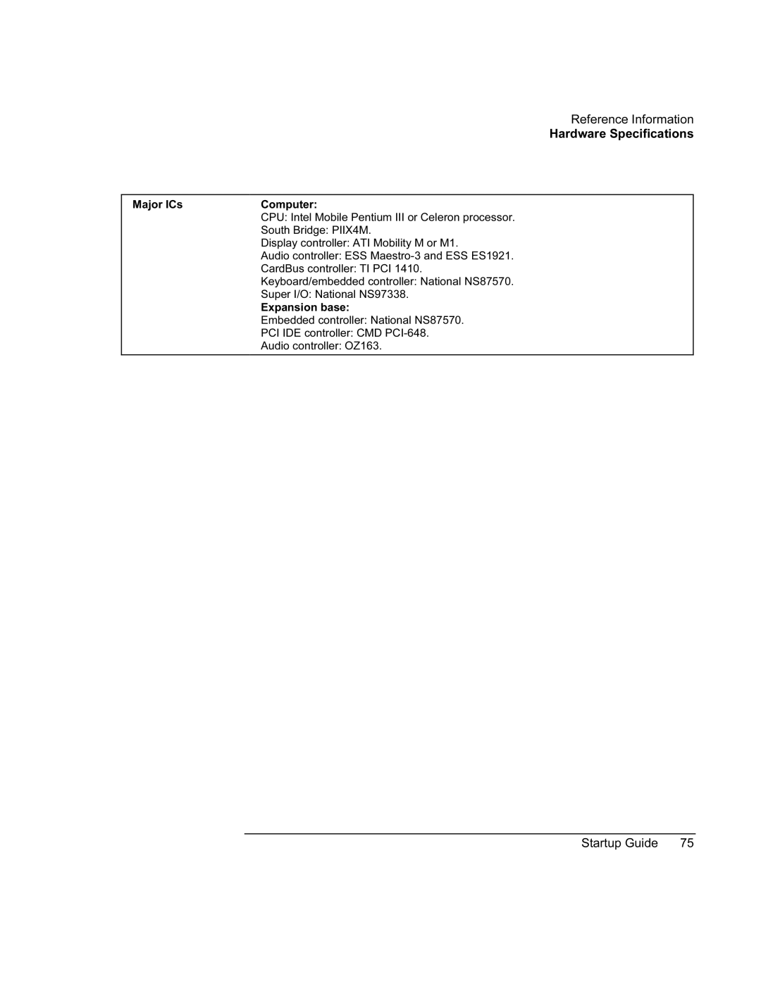 HP XU manual Reference Information Hardware Specifications 