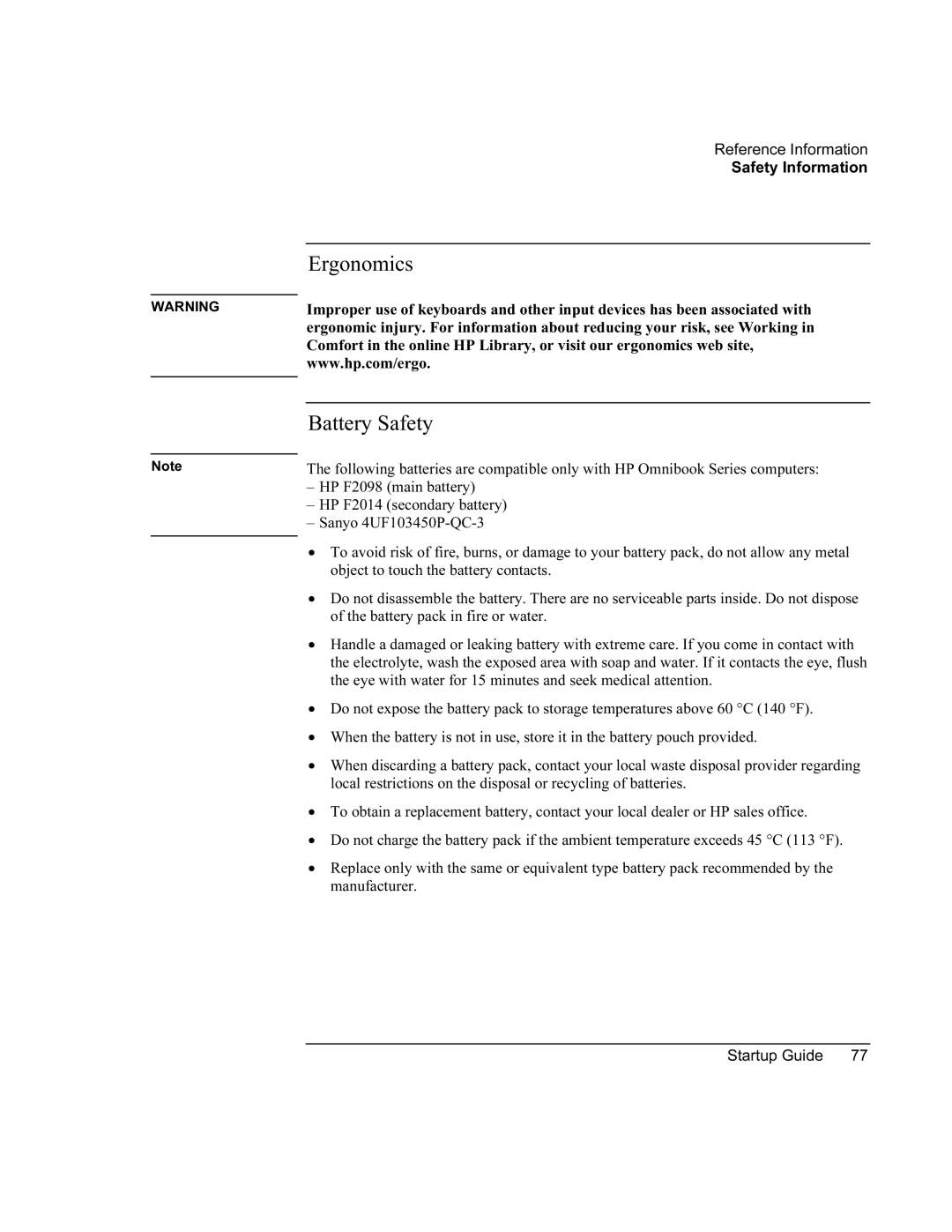 HP XU manual Ergonomics Battery Safety 