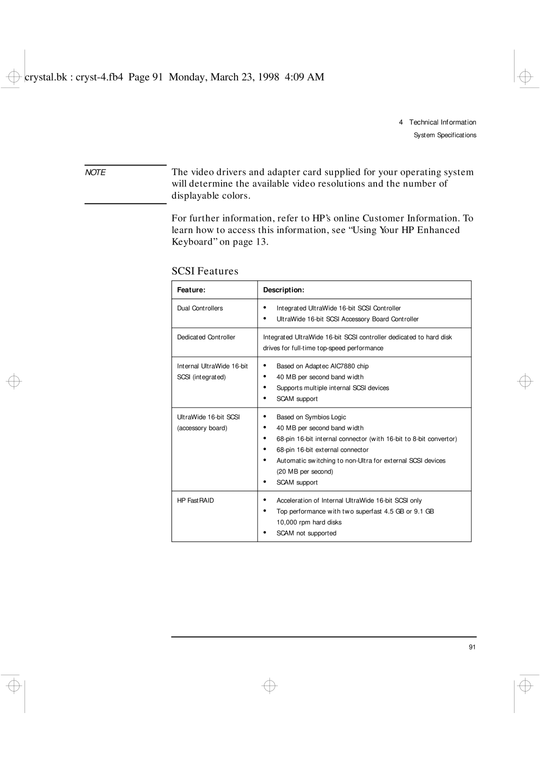 HP XU manual Scsi Features, MB per second Scam support HP FastRAID 