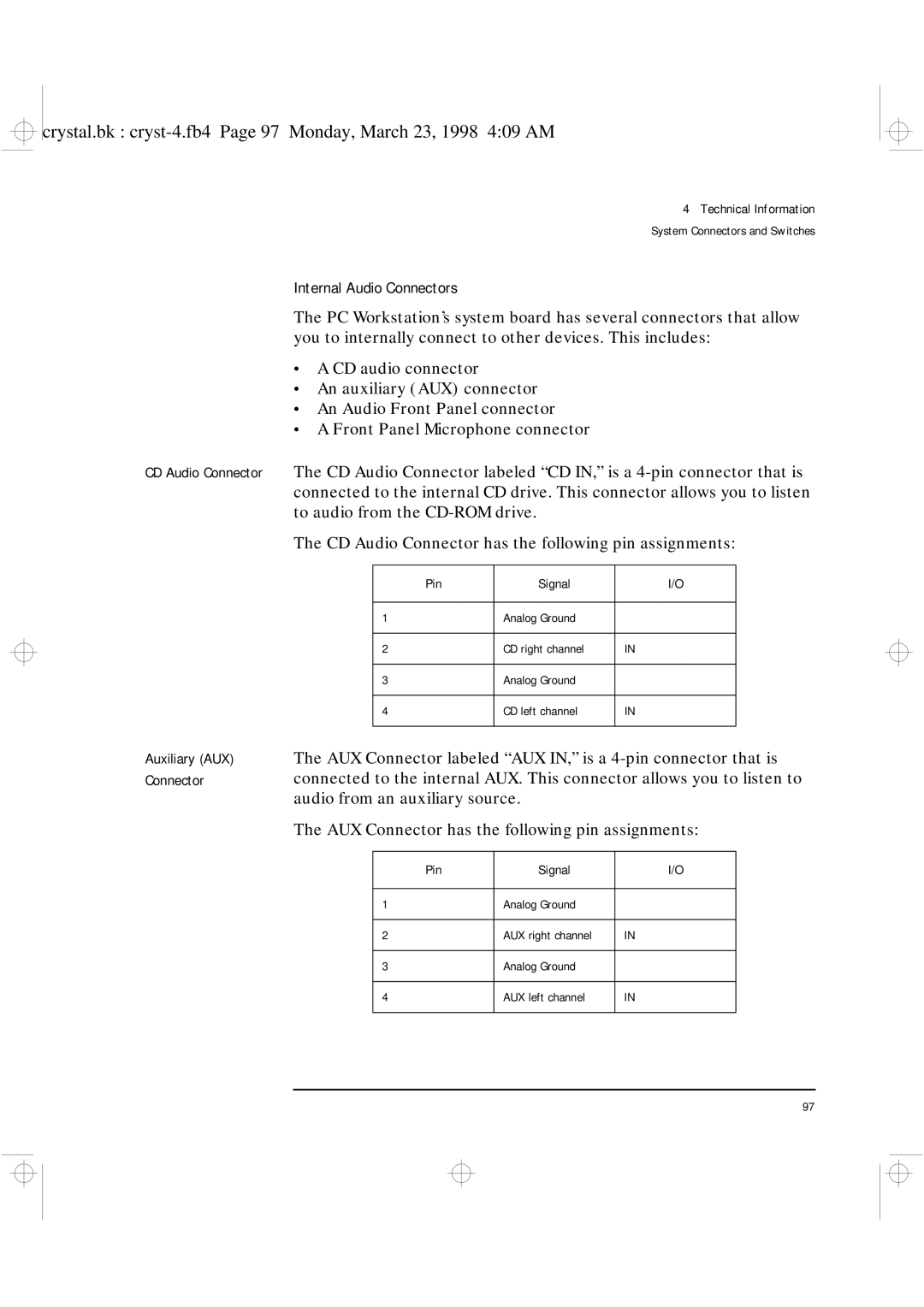 HP XU manual Internal Audio Connectors 