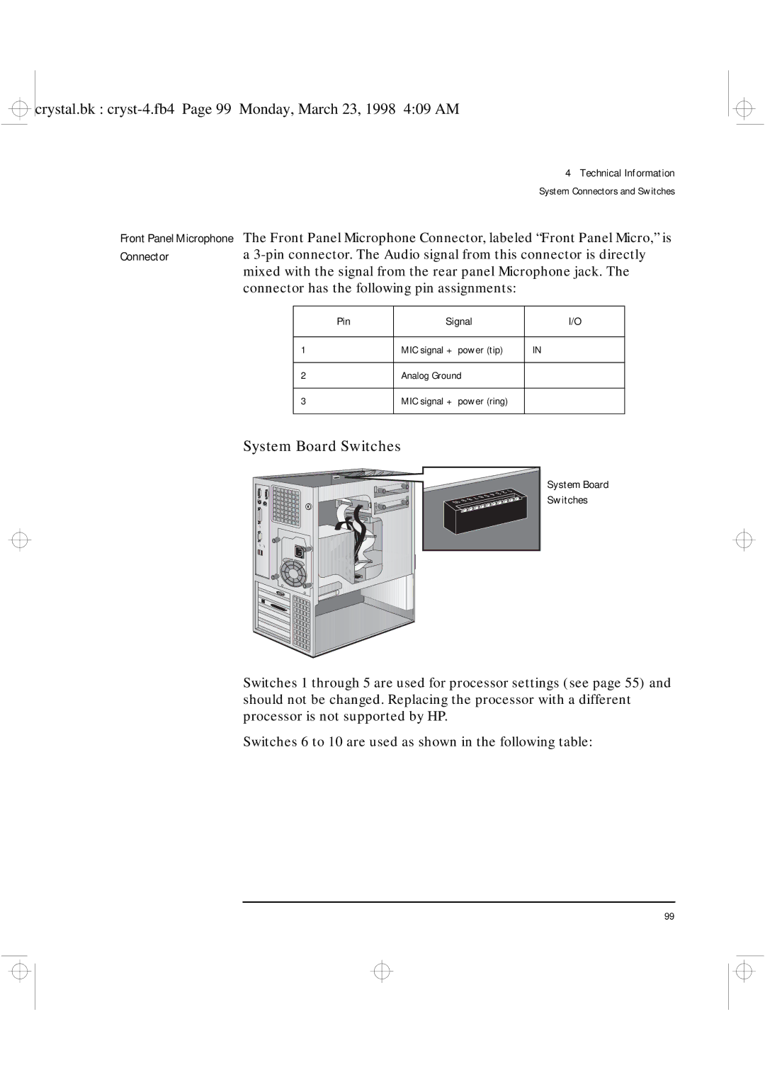 HP XU manual System Board Switches 