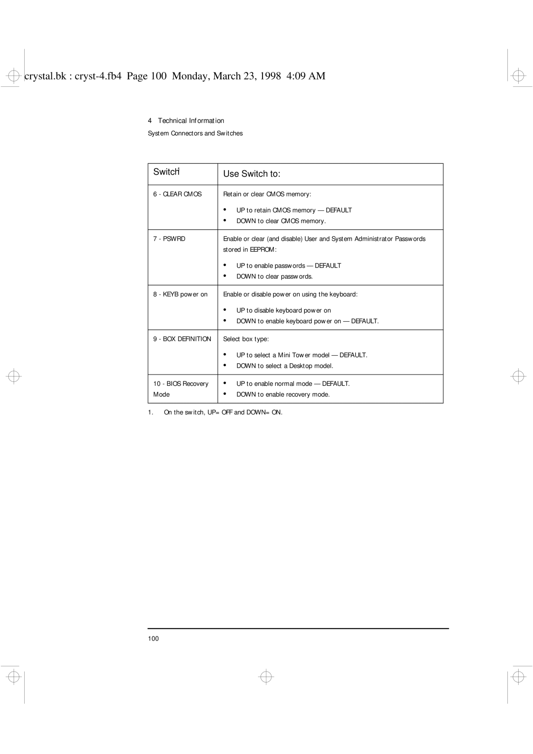 HP XU manual Switch1 Use Switch to 