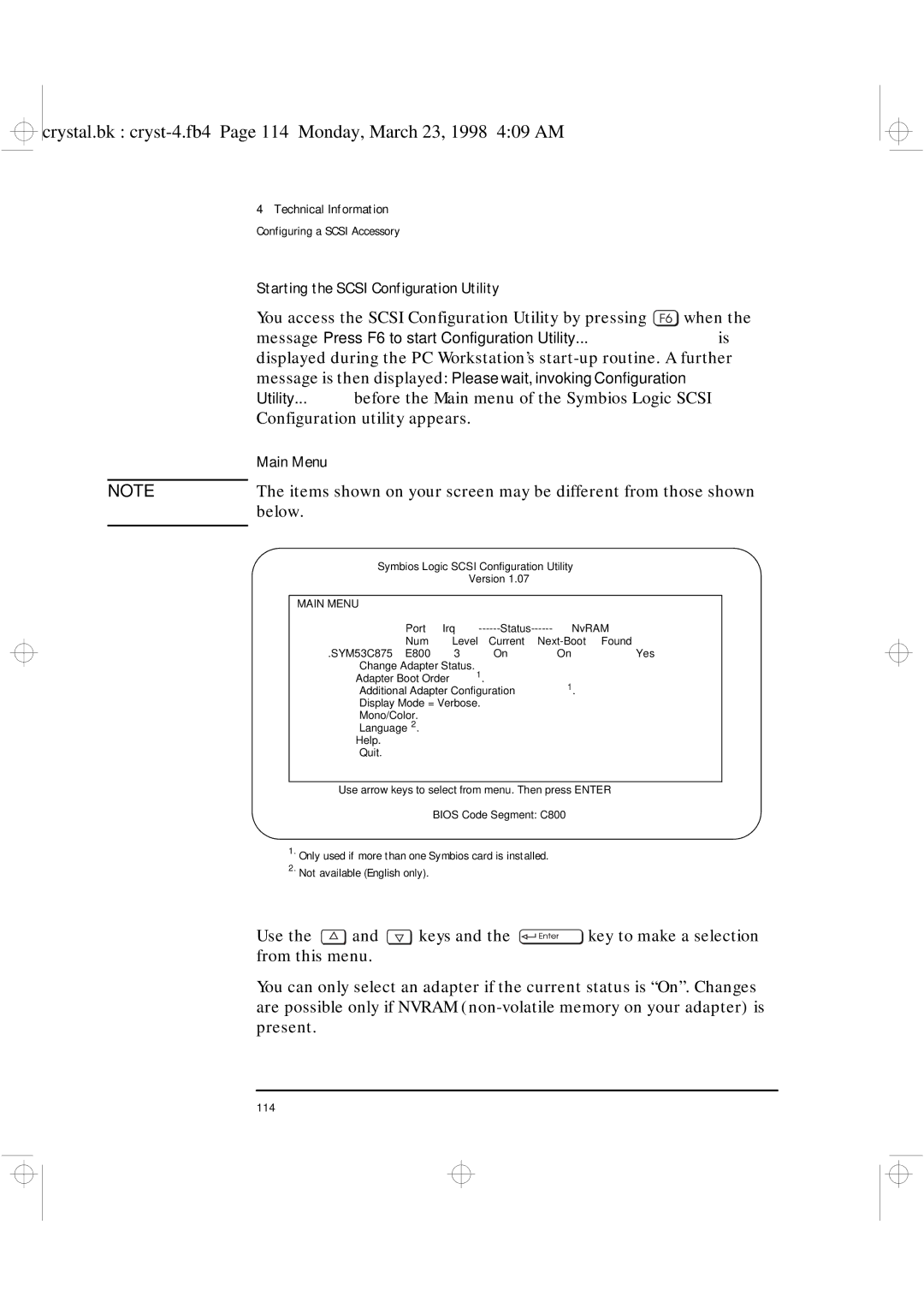 HP XU manual Starting the Scsi Configuration Utility, Main Menu, Below 