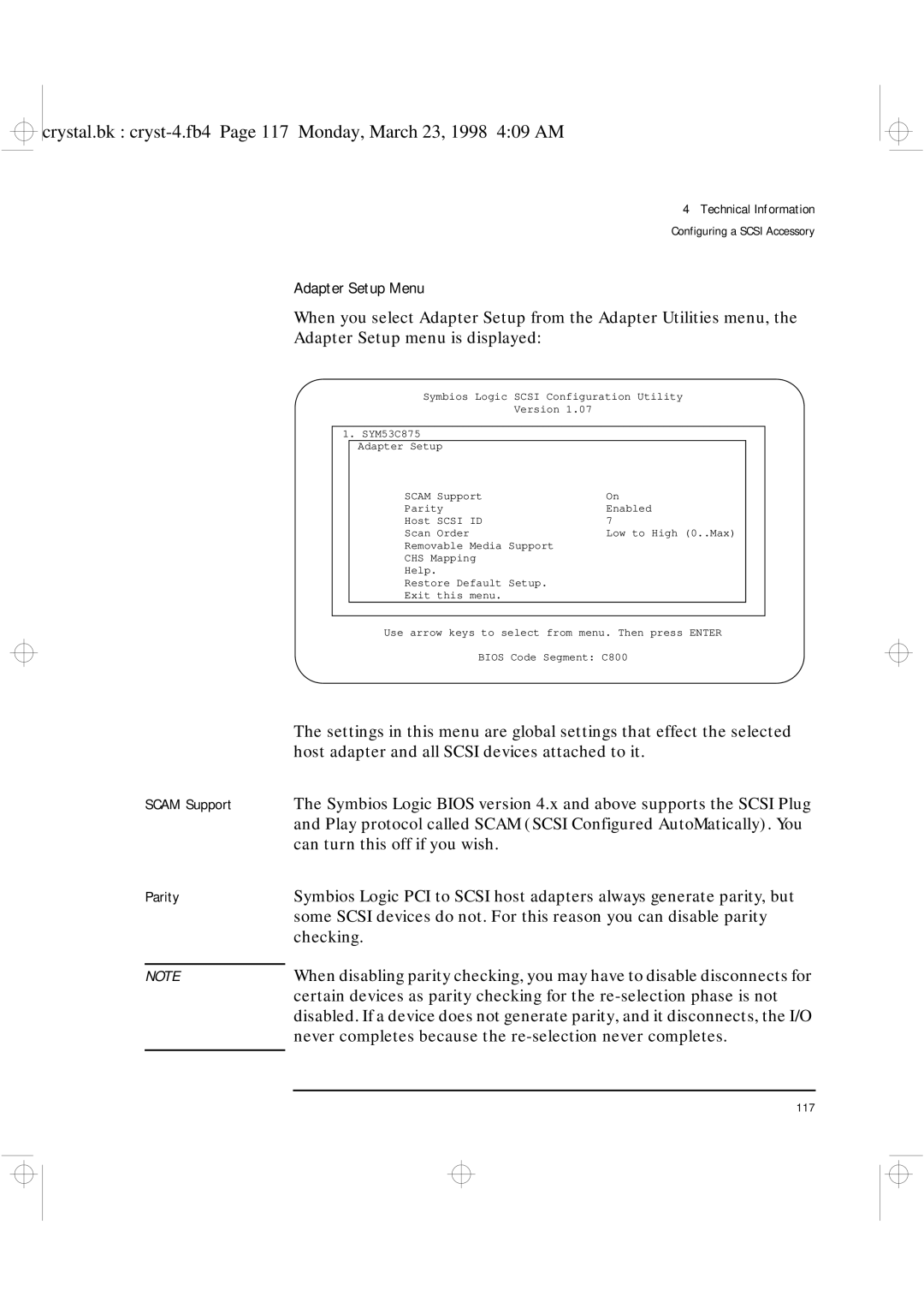 HP XU manual Adapter Setup Menu, Scam Support, Parity 