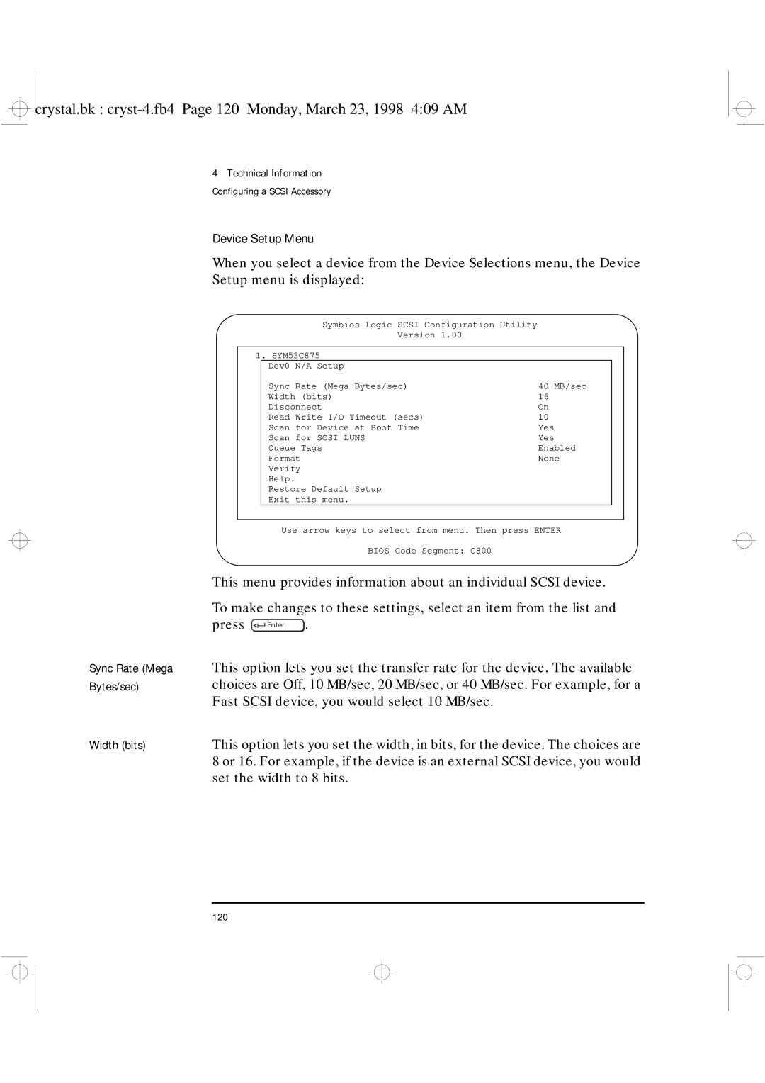 HP XU manual Device Setup Menu, Sync Rate Mega, Bytes/sec, Width bits 