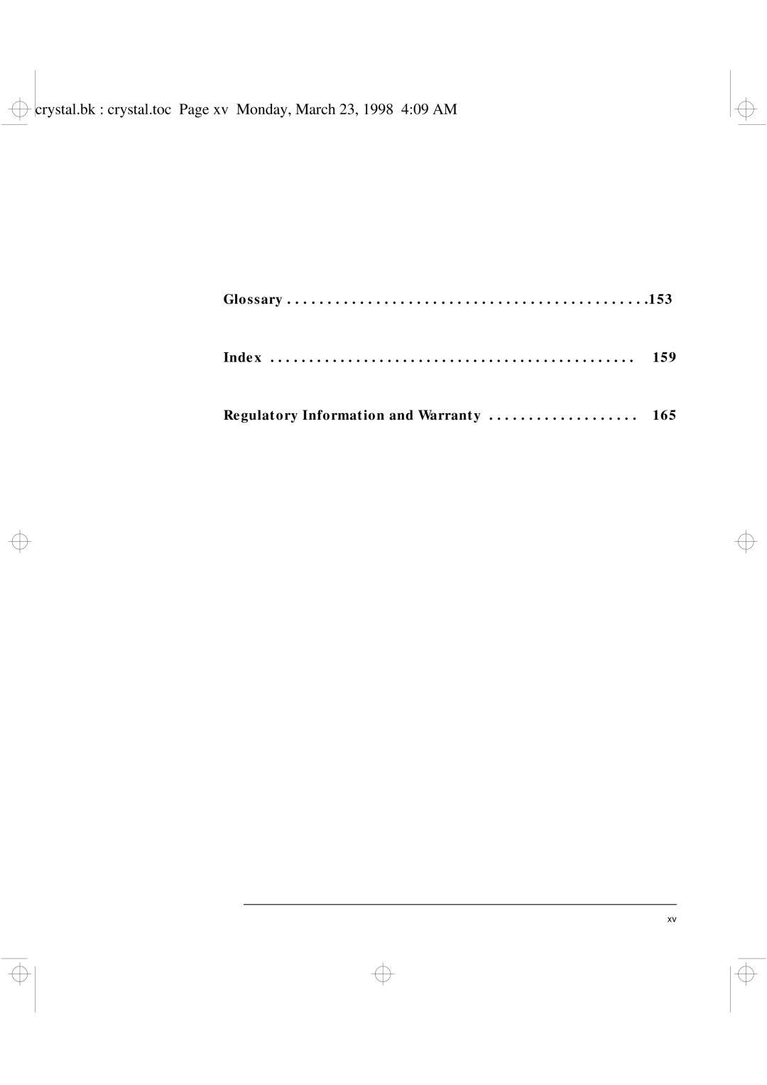 HP XU manual Crystal.bk crystal.toc Page xv Monday, March 23, 1998 409 AM 