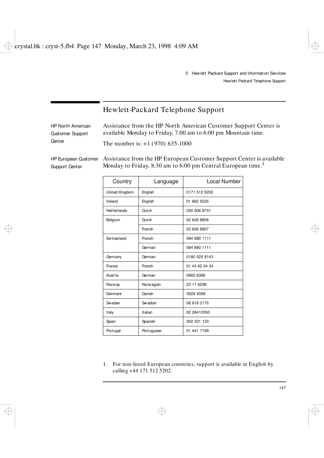 HP XU manual Hewlett-Packard Telephone Support, Customer Support Center, Number is +1 970 