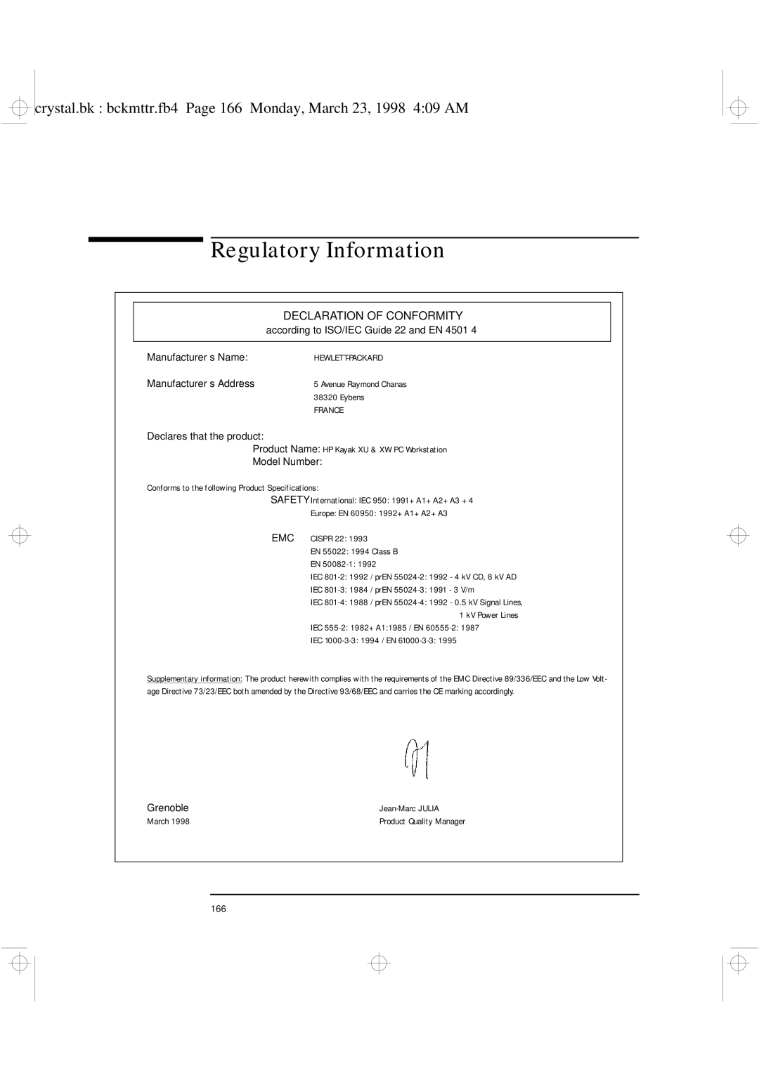 HP XU manual Regulatory Information 