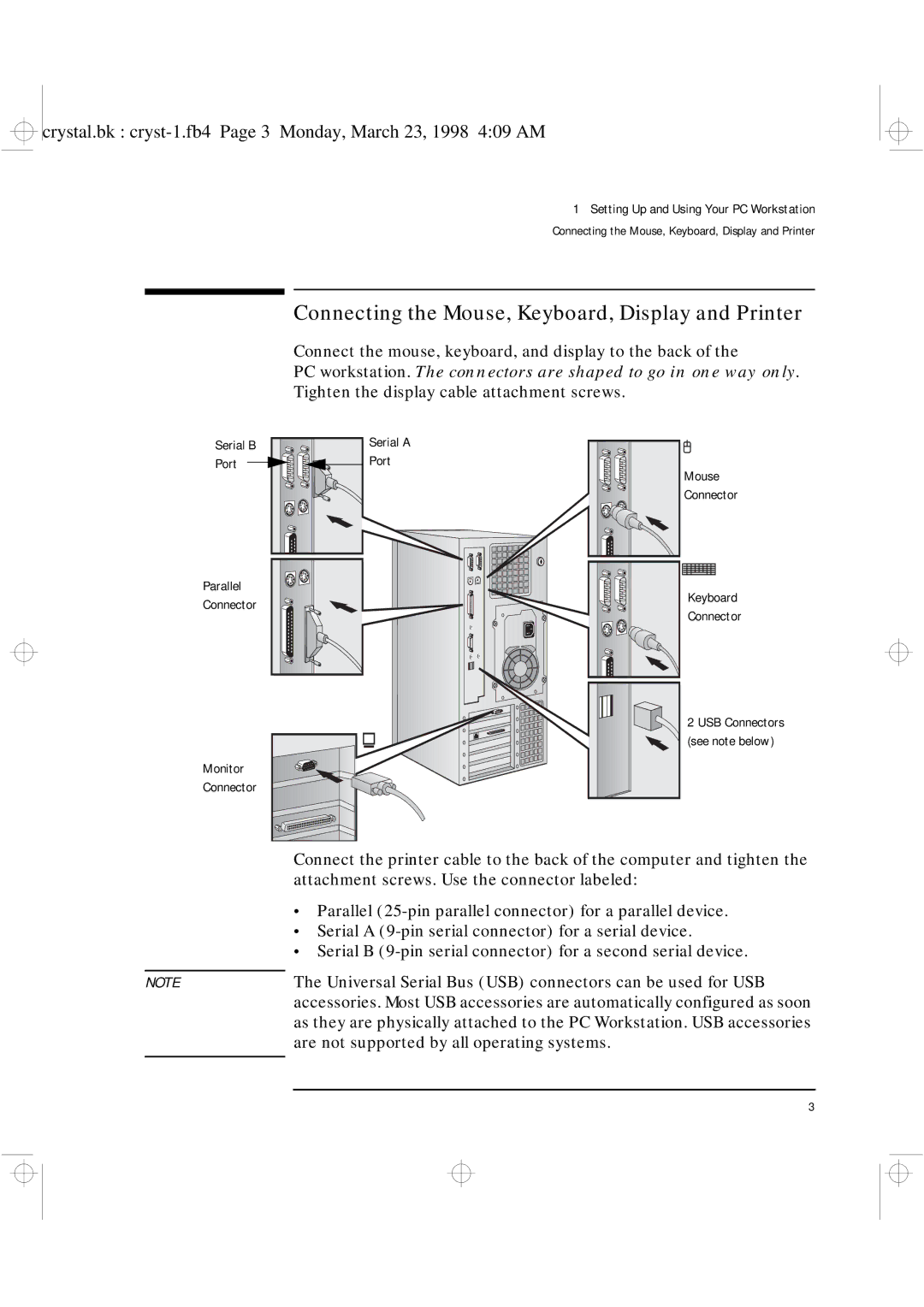 HP XU manual Connecting the Mouse, Keyboard, Display and Printer 