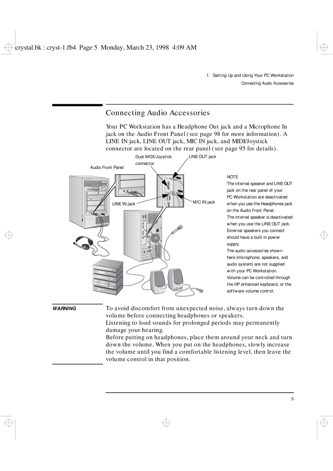 HP XU manual Connecting Audio Accessories, Volume before connecting headphones or speakers, Damage your hearing 