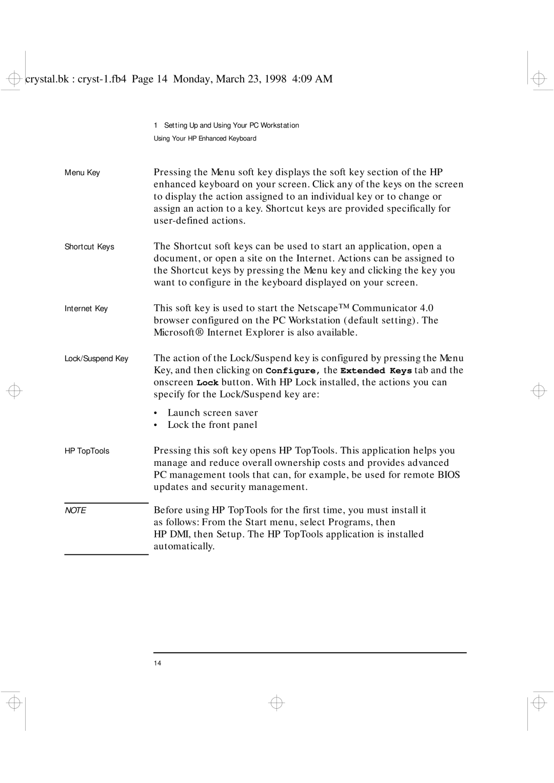 HP XU manual Menu Key, Shortcut Keys, Internet Key, HP TopTools 