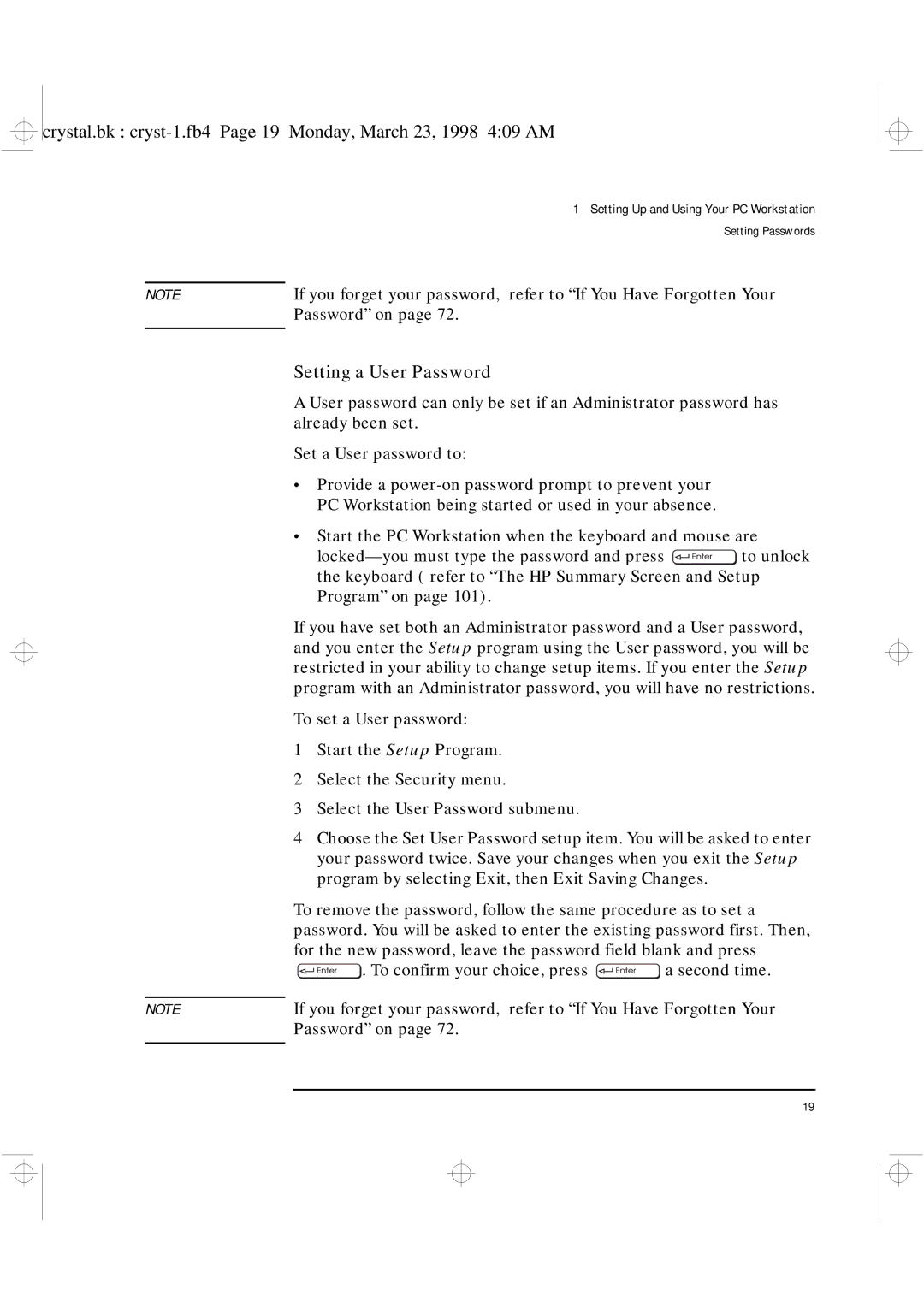 HP XU manual Setting a User Password 