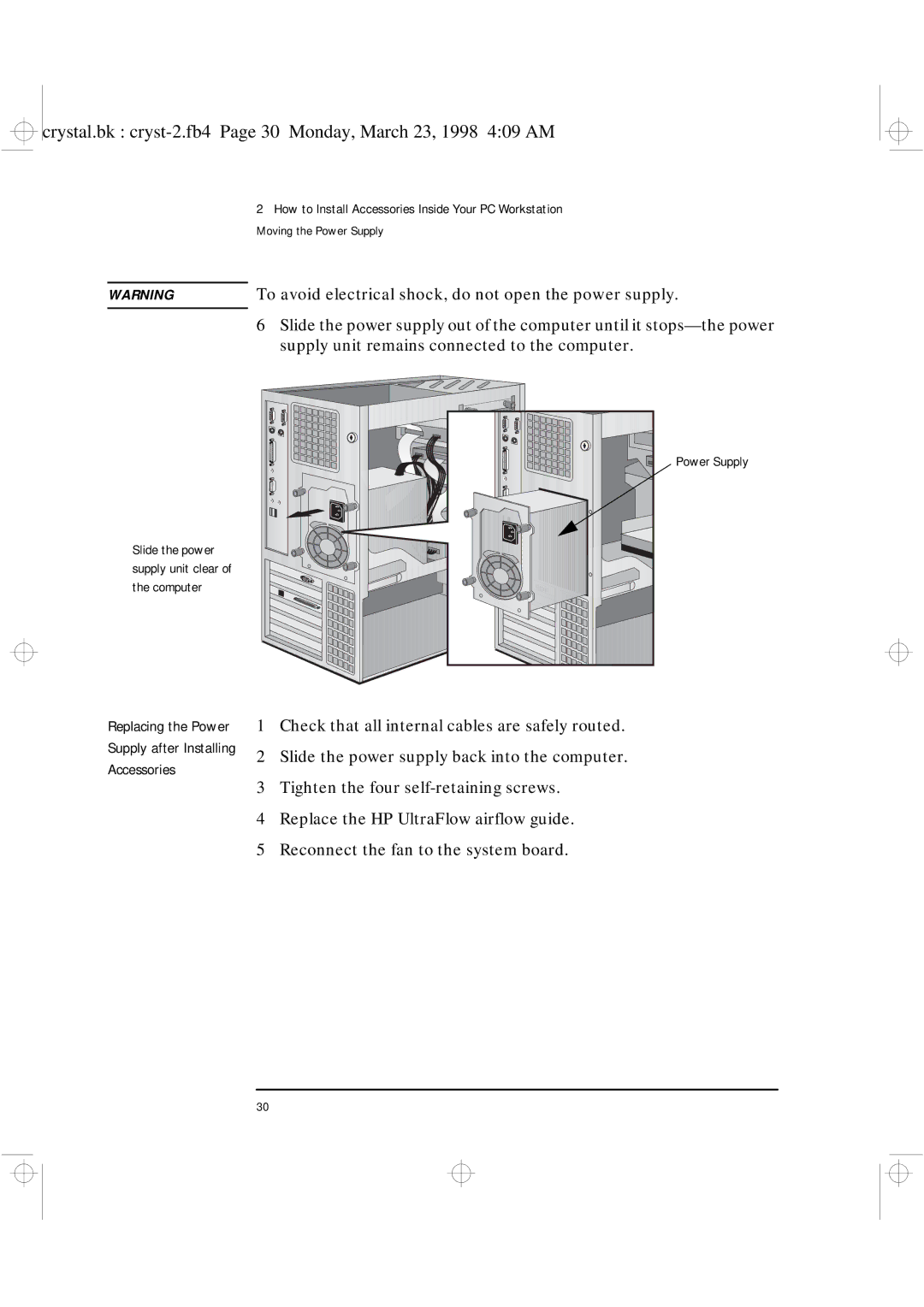 HP XU manual To avoid electrical shock, do not open the power supply, Supply unit remains connected to the computer 