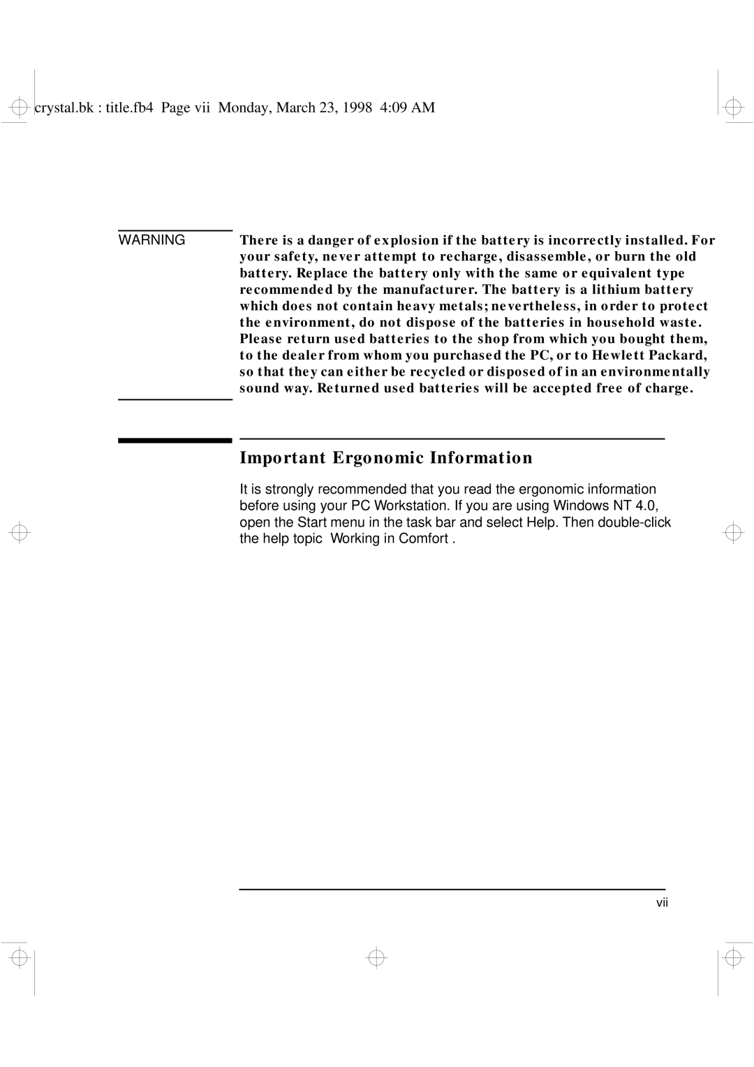 HP XU manual Important Ergonomic Information, Crystal.bk title.fb4 Page vii Monday, March 23, 1998 409 AM 