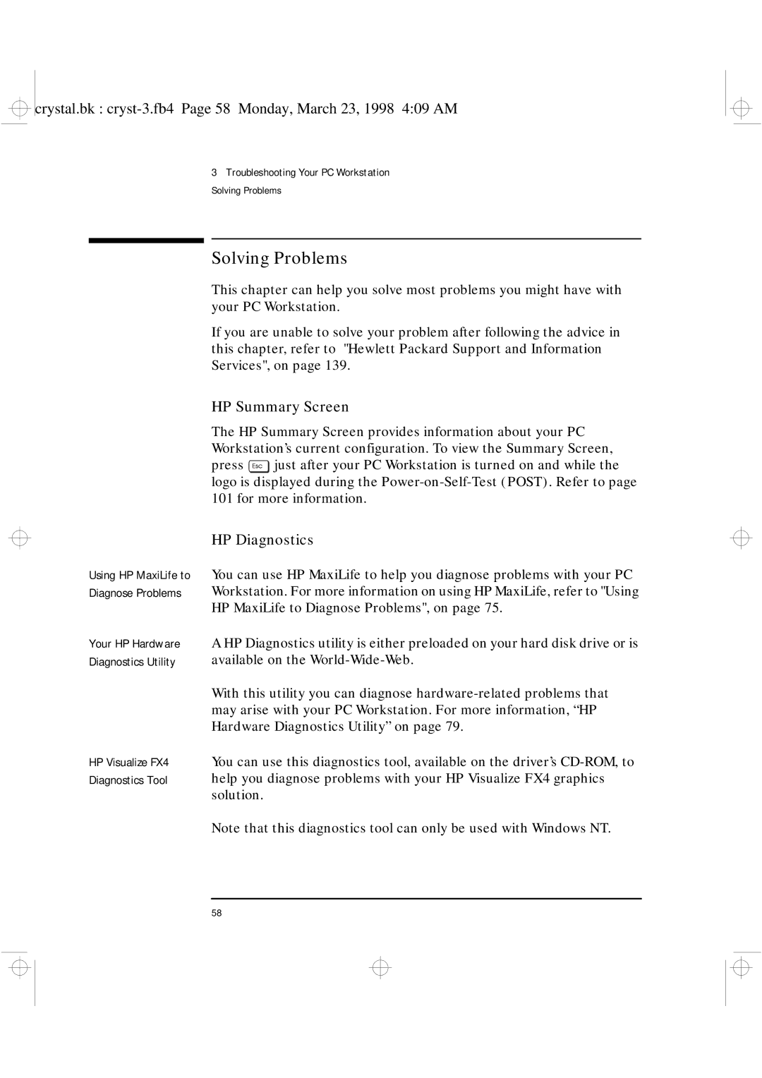 HP XU manual Solving Problems, HP Summary Screen, HP Diagnostics 