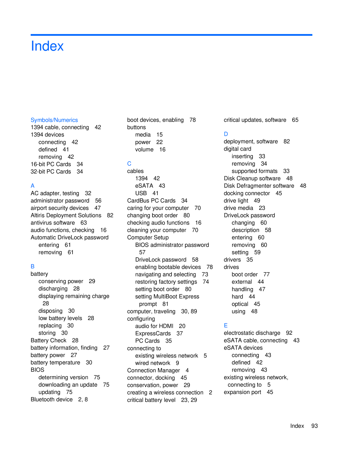 HP XU016UT, XU053UT manual Index, Symbols/Numerics 