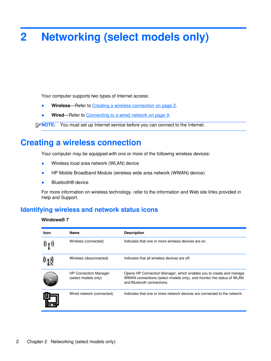 HP XU053UT Networking select models only, Creating a wireless connection, Identifying wireless and network status icons 