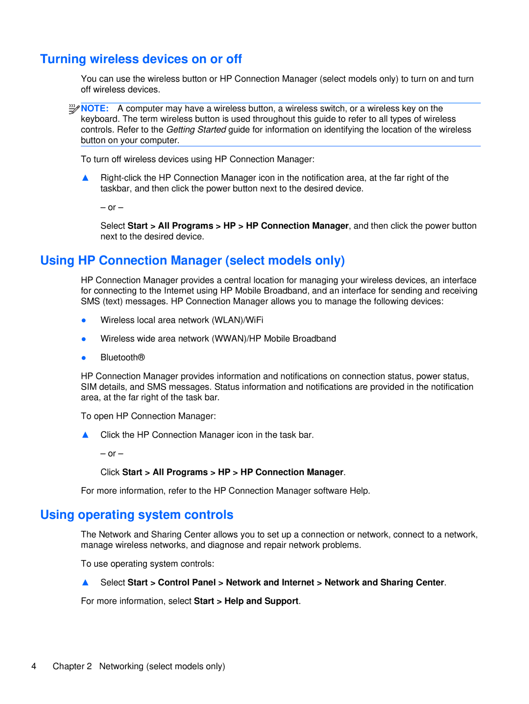 HP XU053UT, XU016UT manual Turning wireless devices on or off, Using HP Connection Manager select models only 