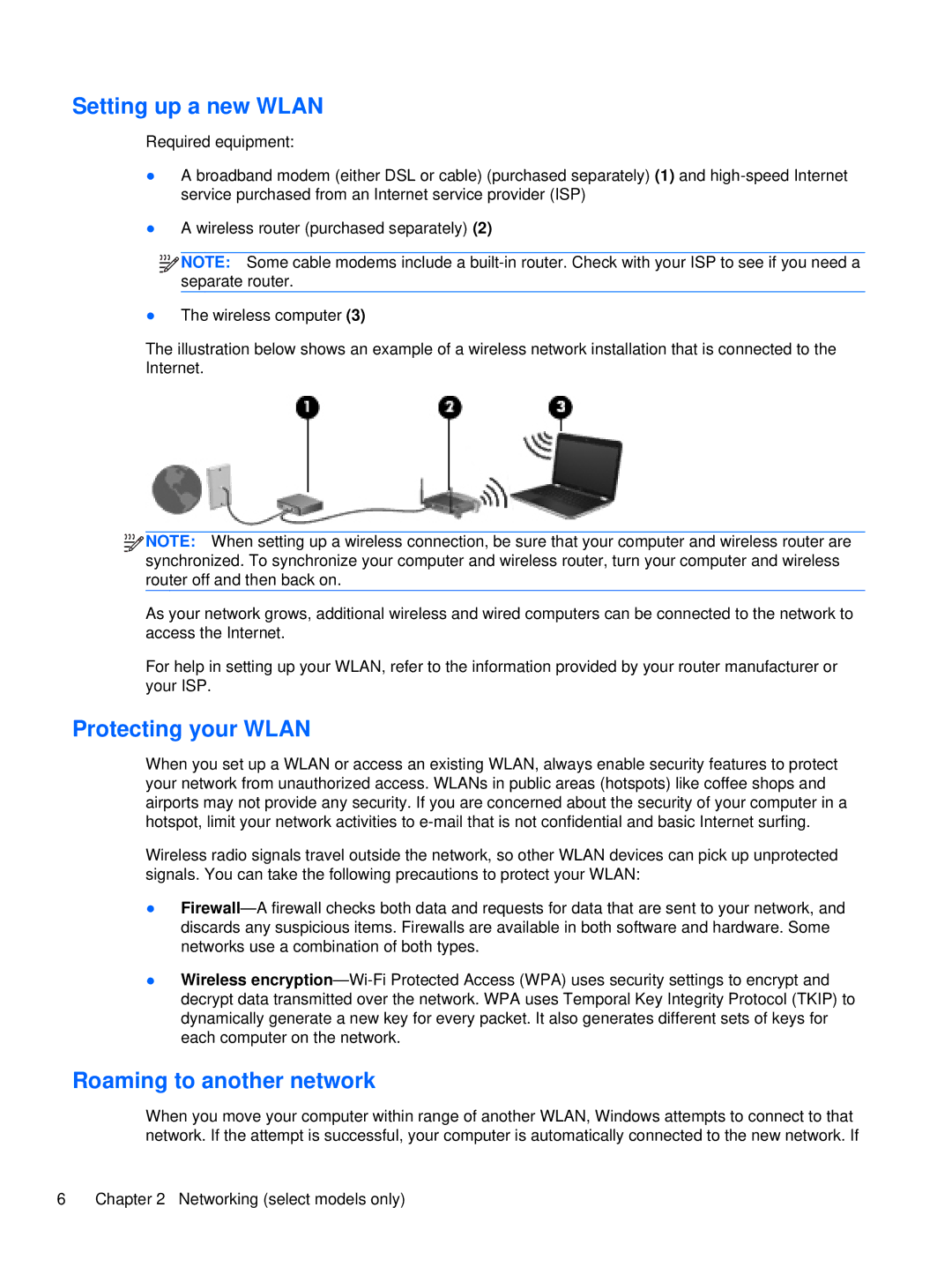 HP XU053UT, XU016UT manual Setting up a new Wlan, Protecting your Wlan, Roaming to another network 