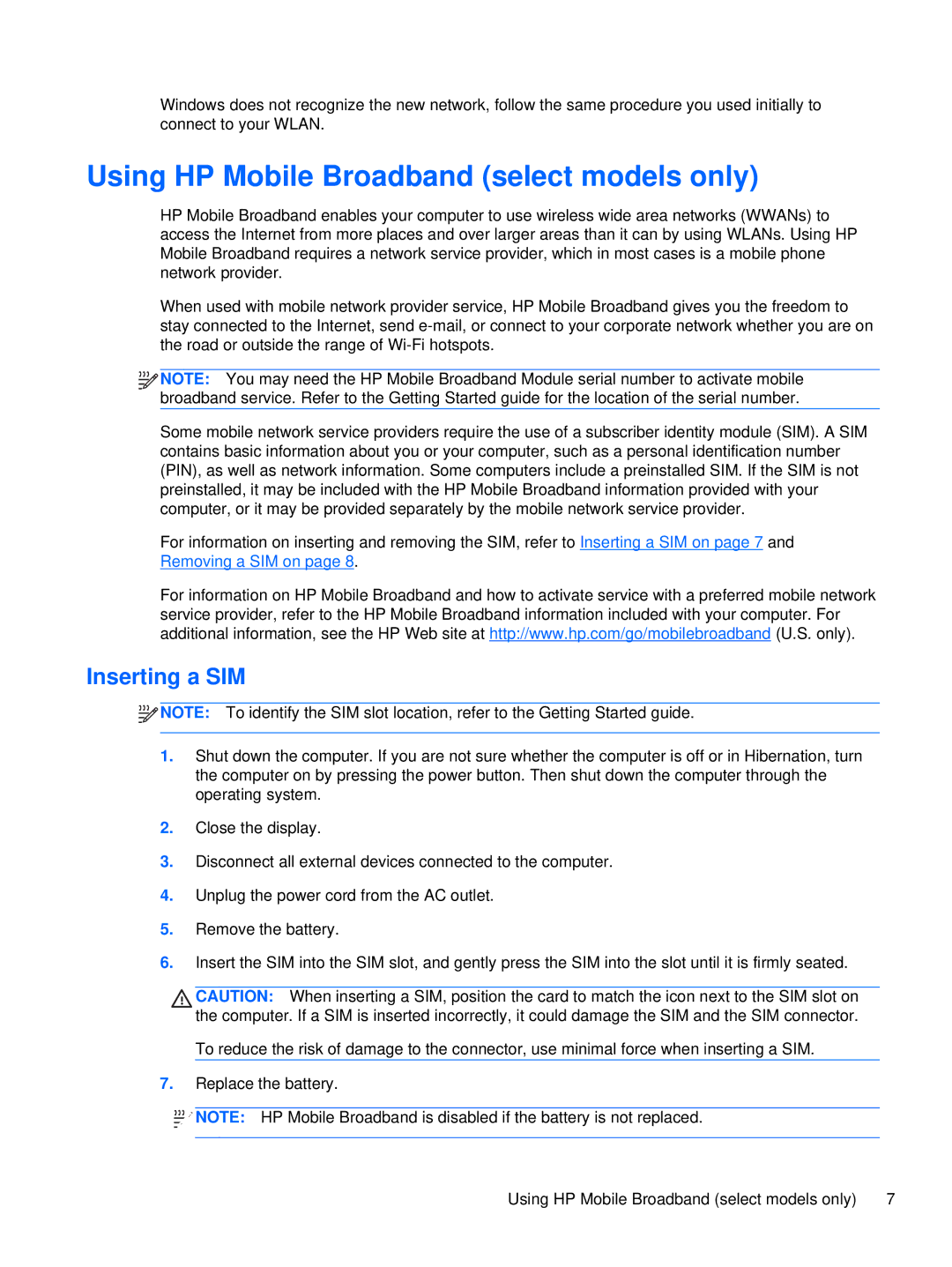 HP XU016UT, XU053UT manual Using HP Mobile Broadband select models only, Inserting a SIM 