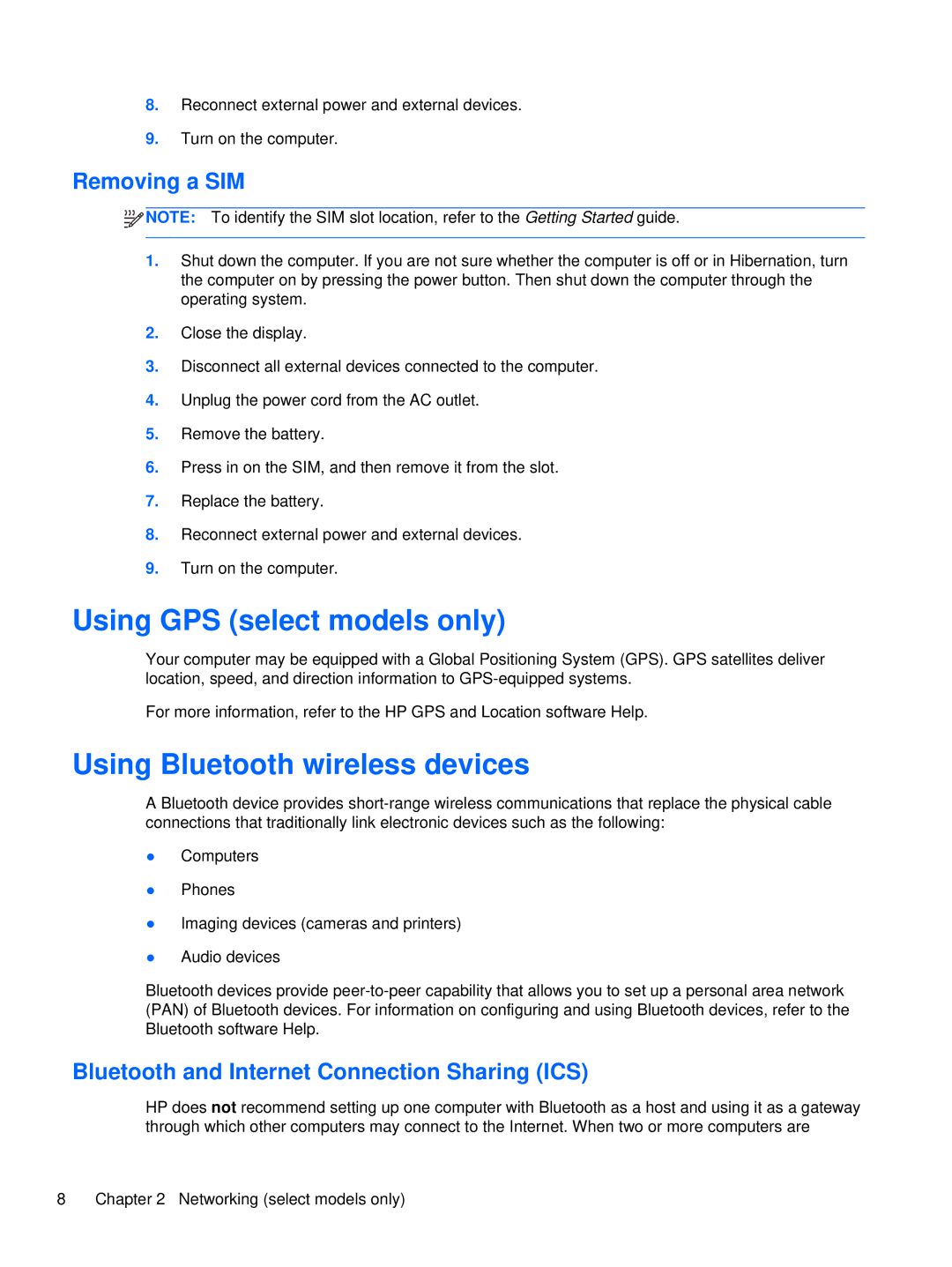 HP XU053UT, XU016UT manual Using GPS select models only, Using Bluetooth wireless devices, Removing a SIM 