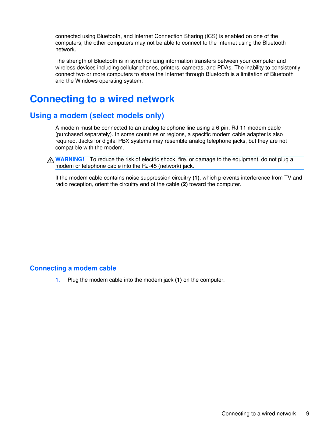 HP XU016UT, XU053UT manual Connecting to a wired network, Using a modem select models only, Connecting a modem cable 