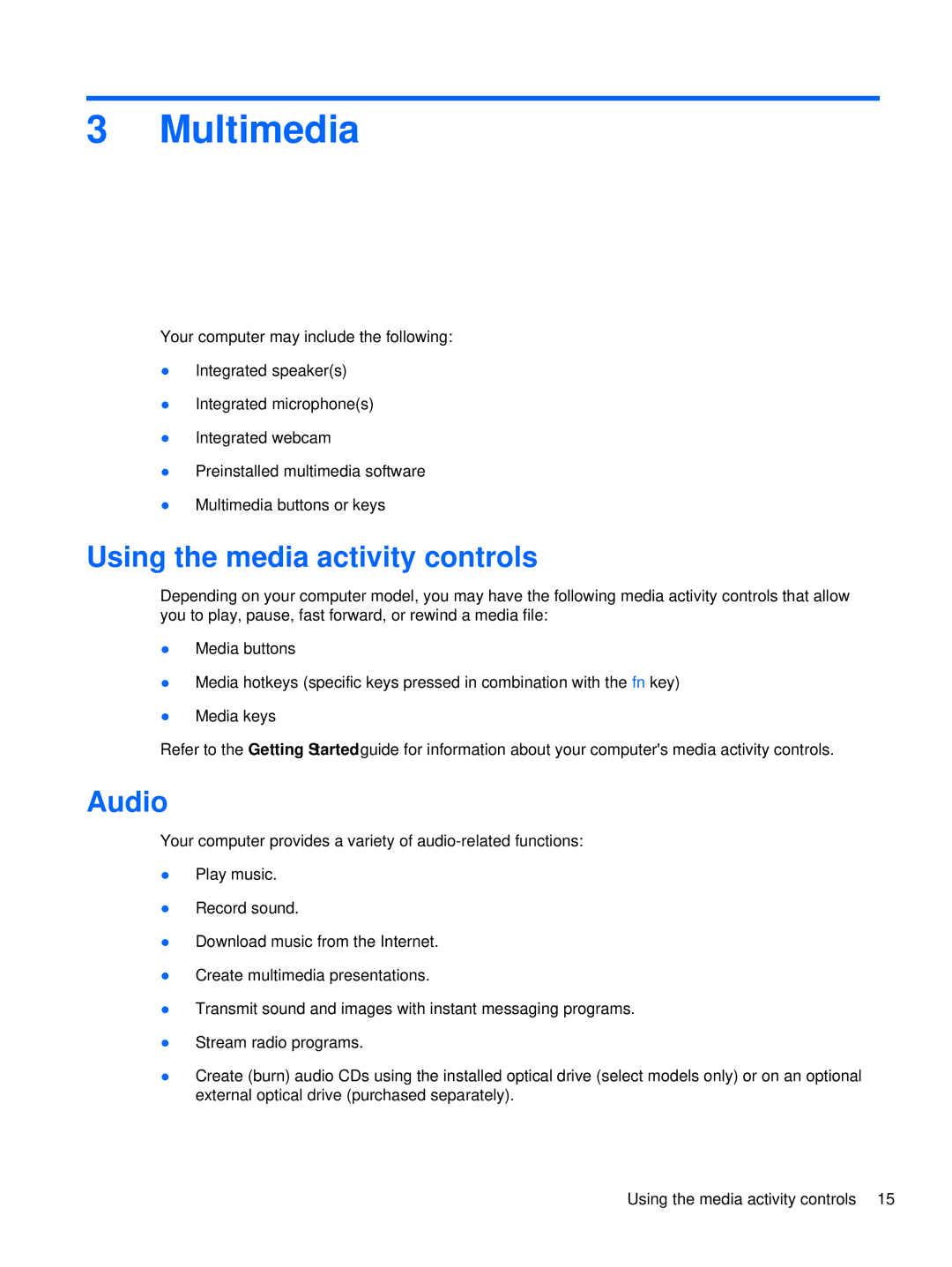 HP XU016UT, XU053UT manual Multimedia, Using the media activity controls, Audio 