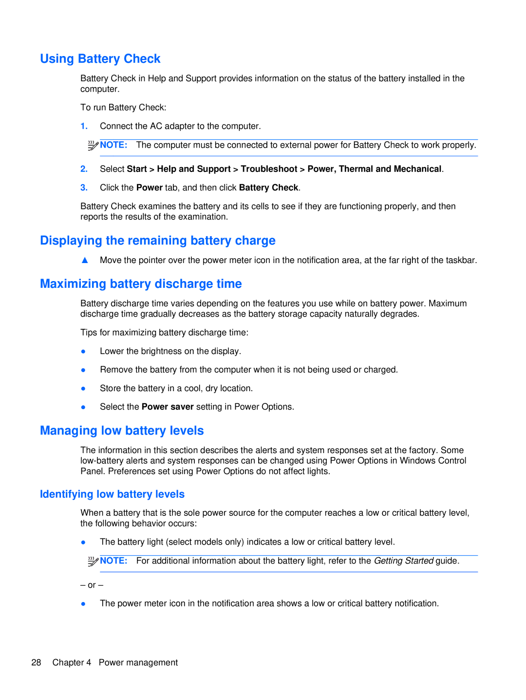 HP XU053UT, XU016UT manual Using Battery Check, Displaying the remaining battery charge, Maximizing battery discharge time 