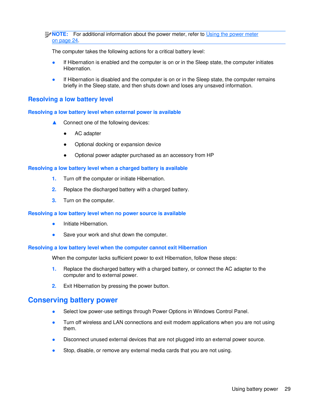 HP XU016UT, XU053UT manual Conserving battery power, Resolving a low battery level 
