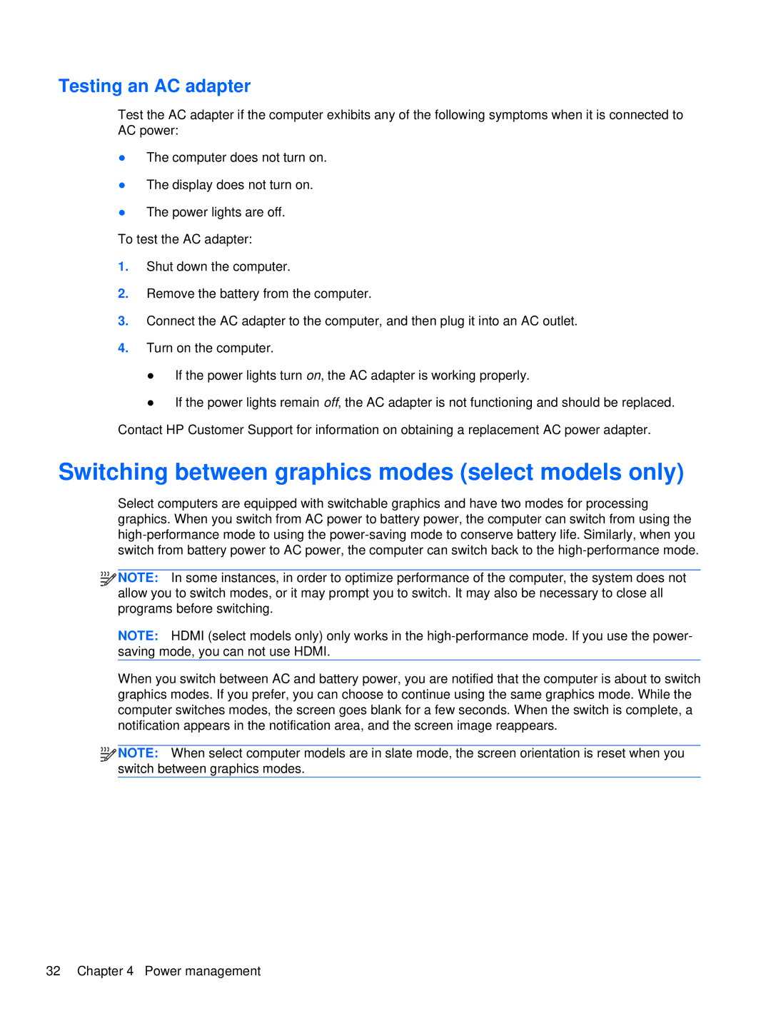 HP XU053UT, XU016UT manual Switching between graphics modes select models only, Testing an AC adapter 
